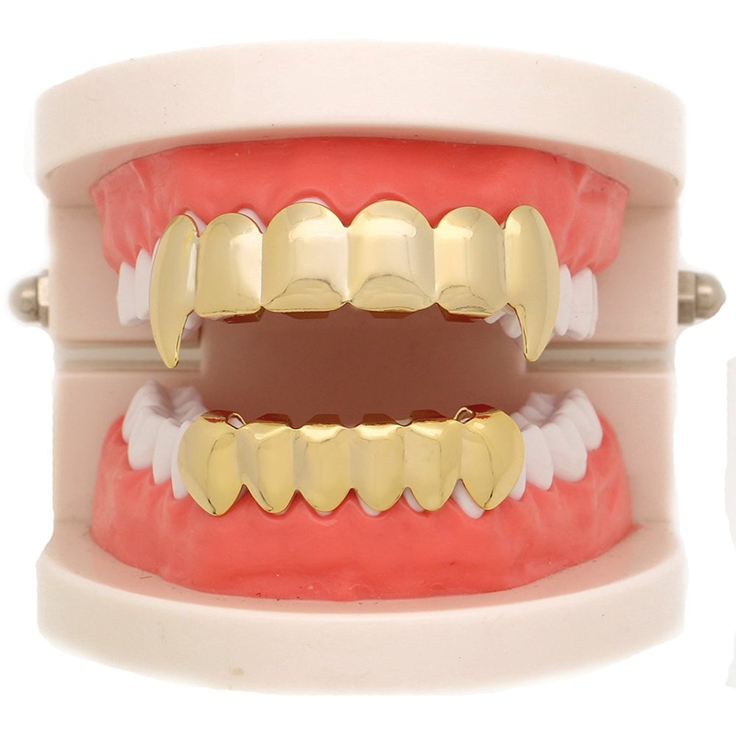 The Bling Factory 24k Gold Plated Vampire Fang Removable Top & Bottom Teeth Grillz Set + Polishing Cloth