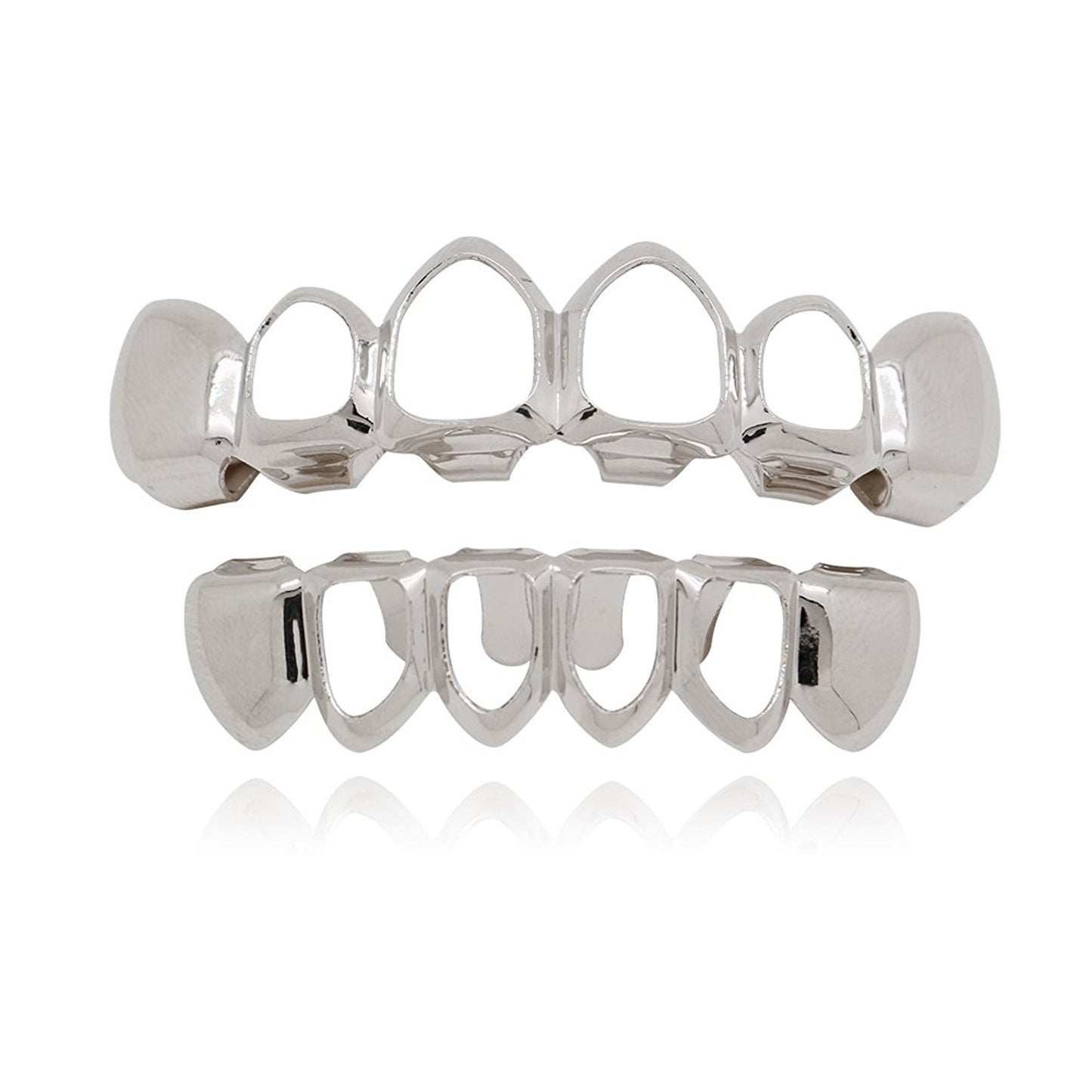 The Bling Factory 14k White Gold Plated 4 Open Face Removable Top & Bottom Teeth Grillz Set