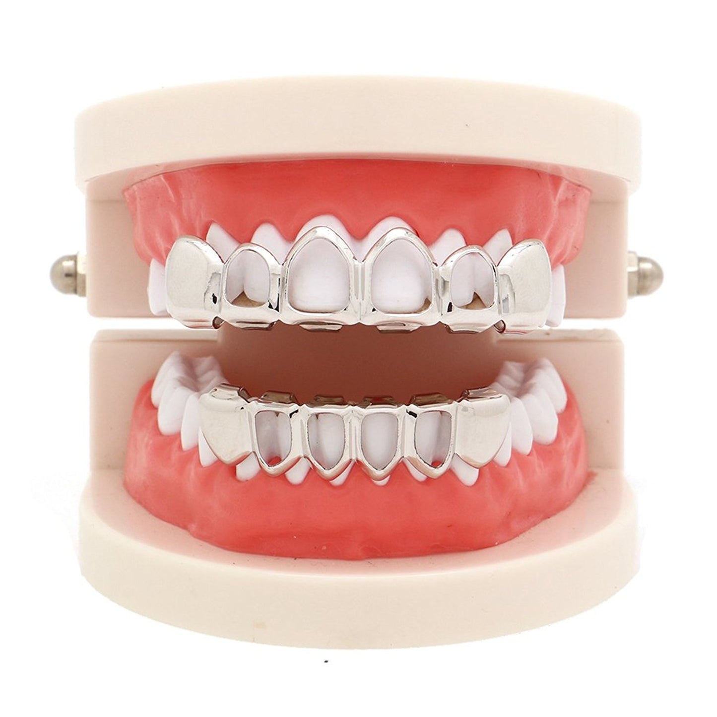 The Bling Factory 14k White Gold Plated 4 Open Face Removable Top & Bottom Teeth Grillz Set