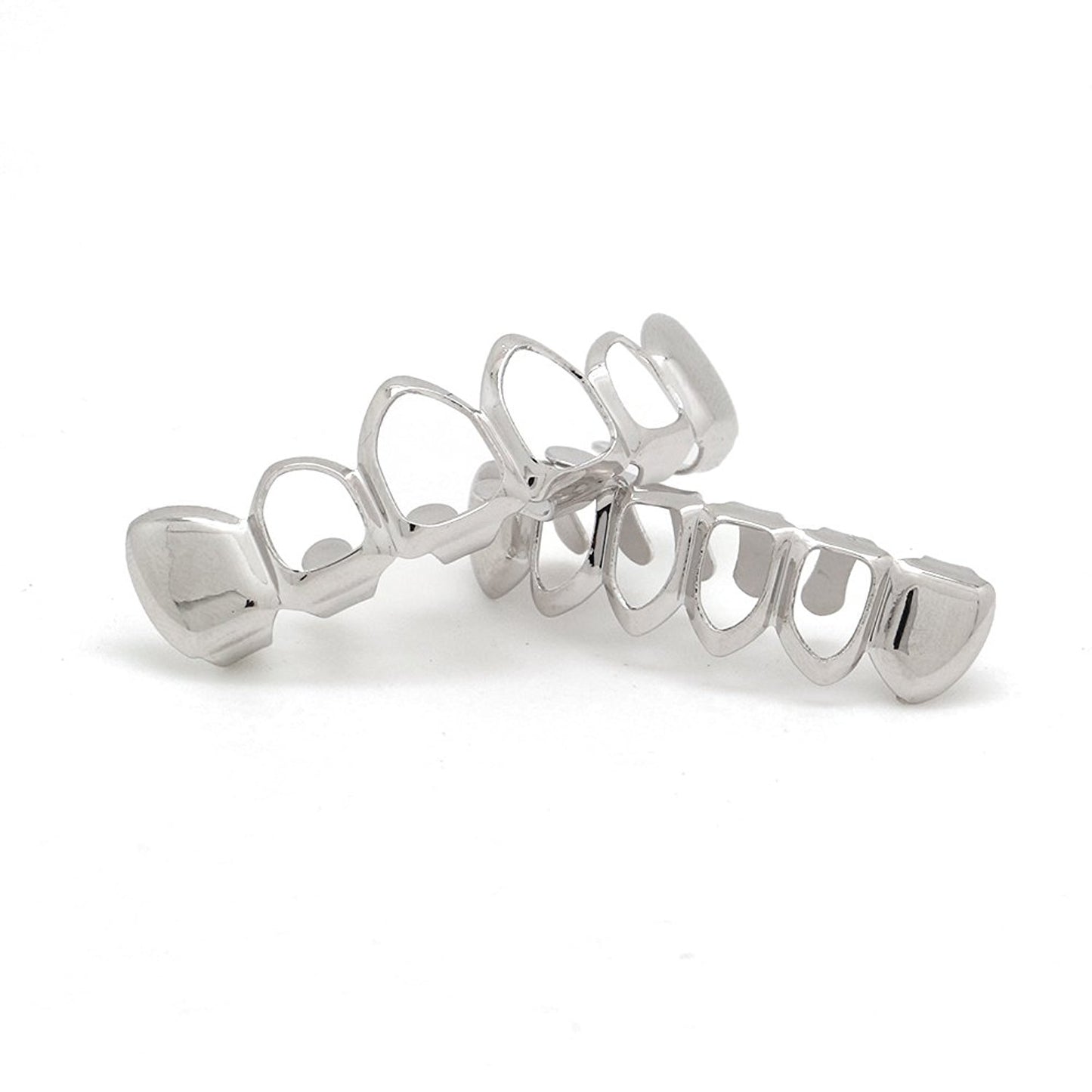 The Bling Factory 14k White Gold Plated 4 Open Face Removable Top & Bottom Teeth Grillz Set