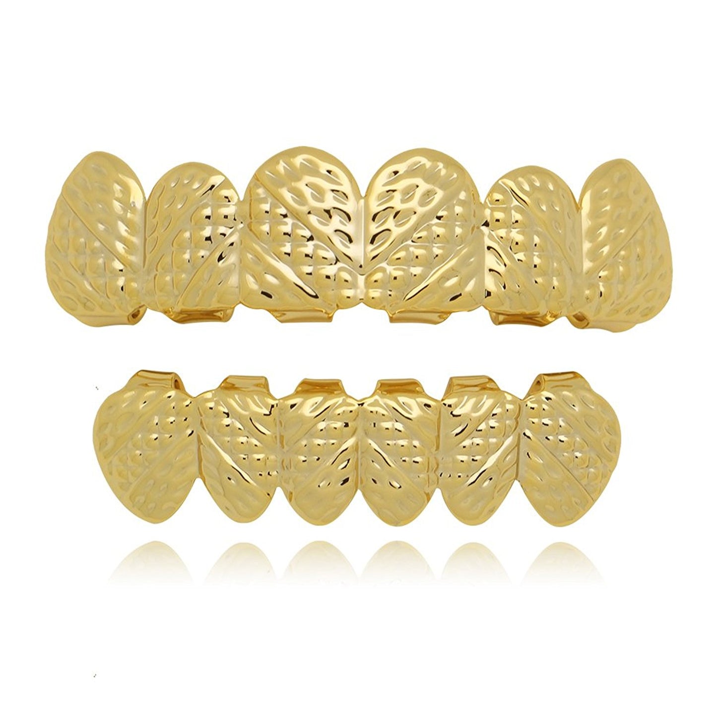 The Bling Factory 24k Gold Plated Oblique Texture Removable Top & Bottom Teeth Grillz Set