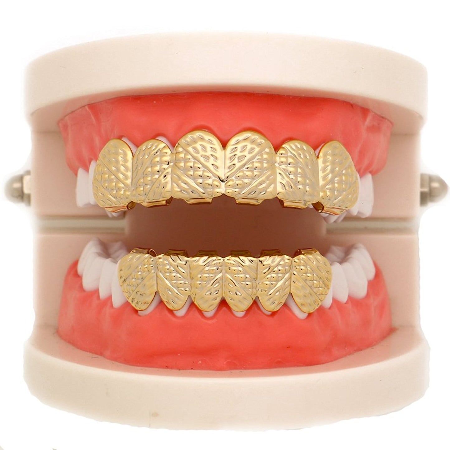 The Bling Factory 24k Gold Plated Oblique Texture Removable Top & Bottom Teeth Grillz Set