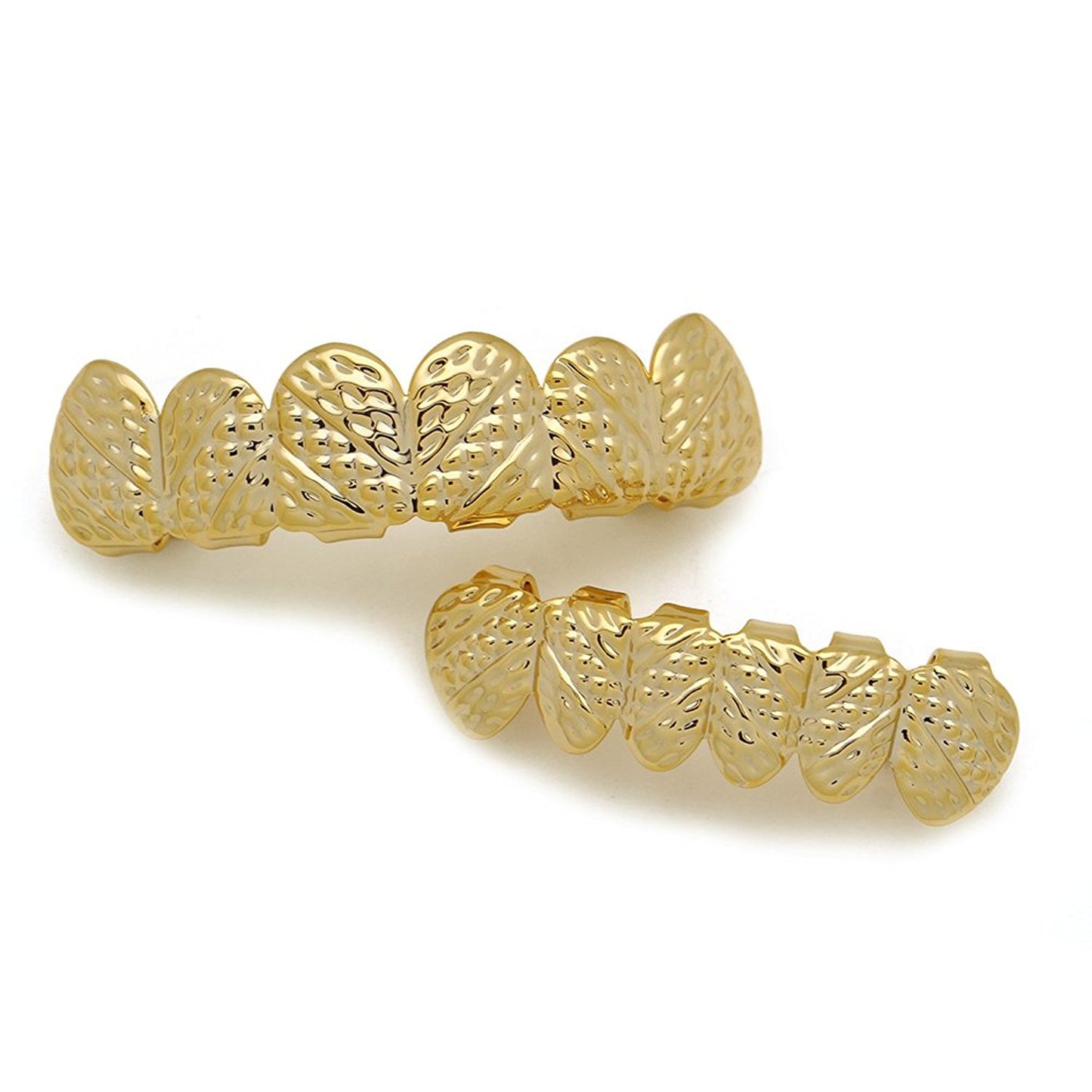 The Bling Factory 24k Gold Plated Oblique Texture Removable Top & Bottom Teeth Grillz Set