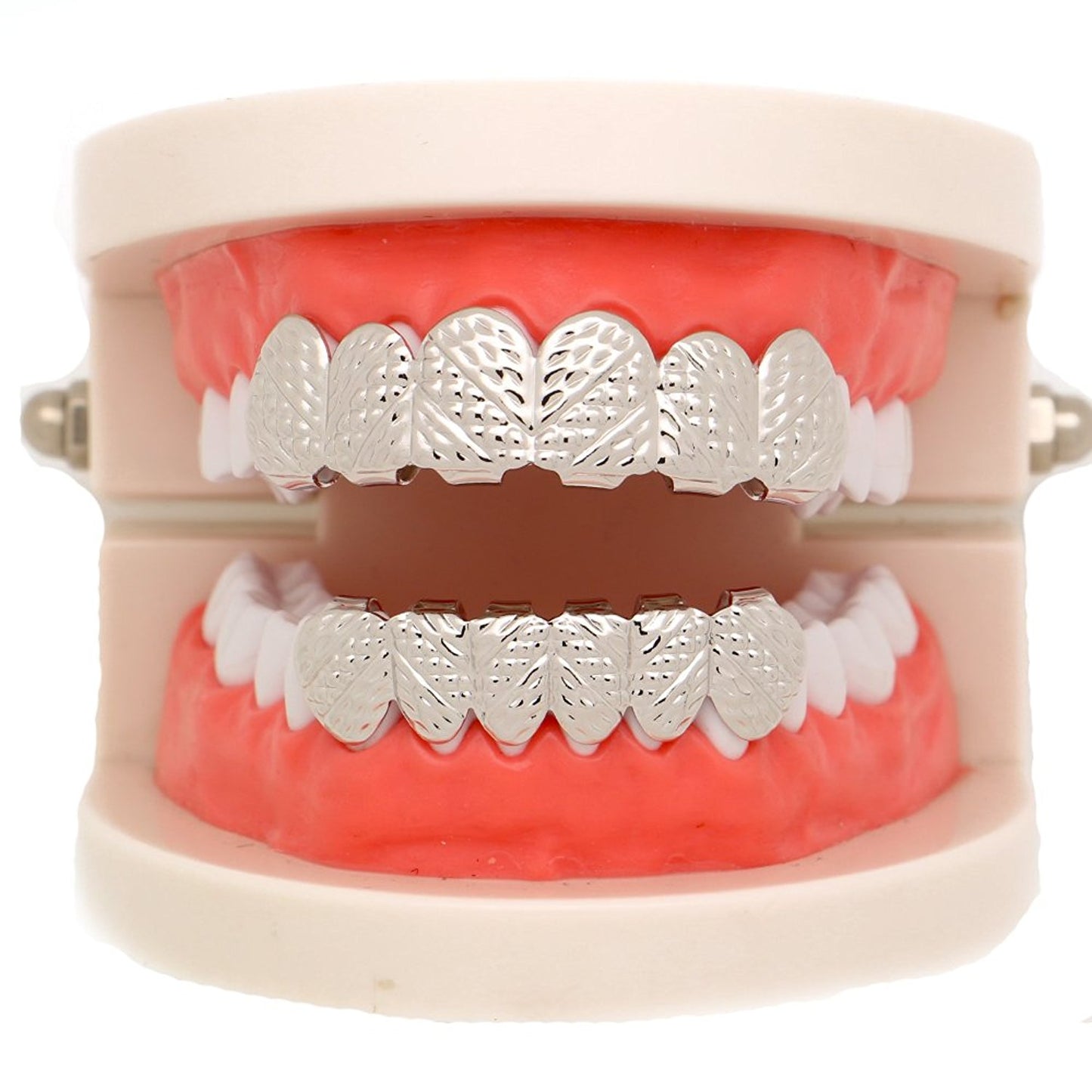 The Bling Factory 14k White Gold Plated Oblique Texture Removable Top & Bottom Teeth Grillz Set