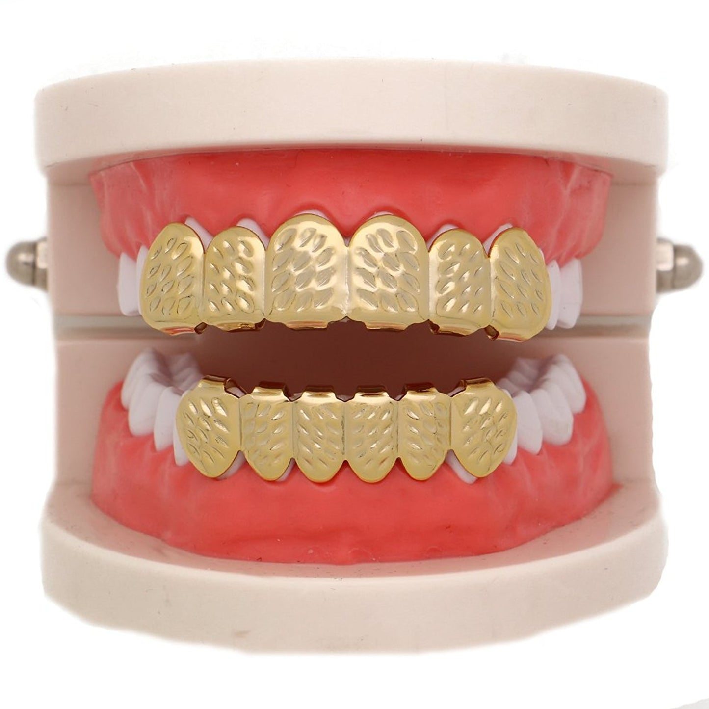 The Bling Factory 24k Gold Plated Diamond-Cut Removable Top & Bottom Teeth Grillz Set + Polishing Cloth