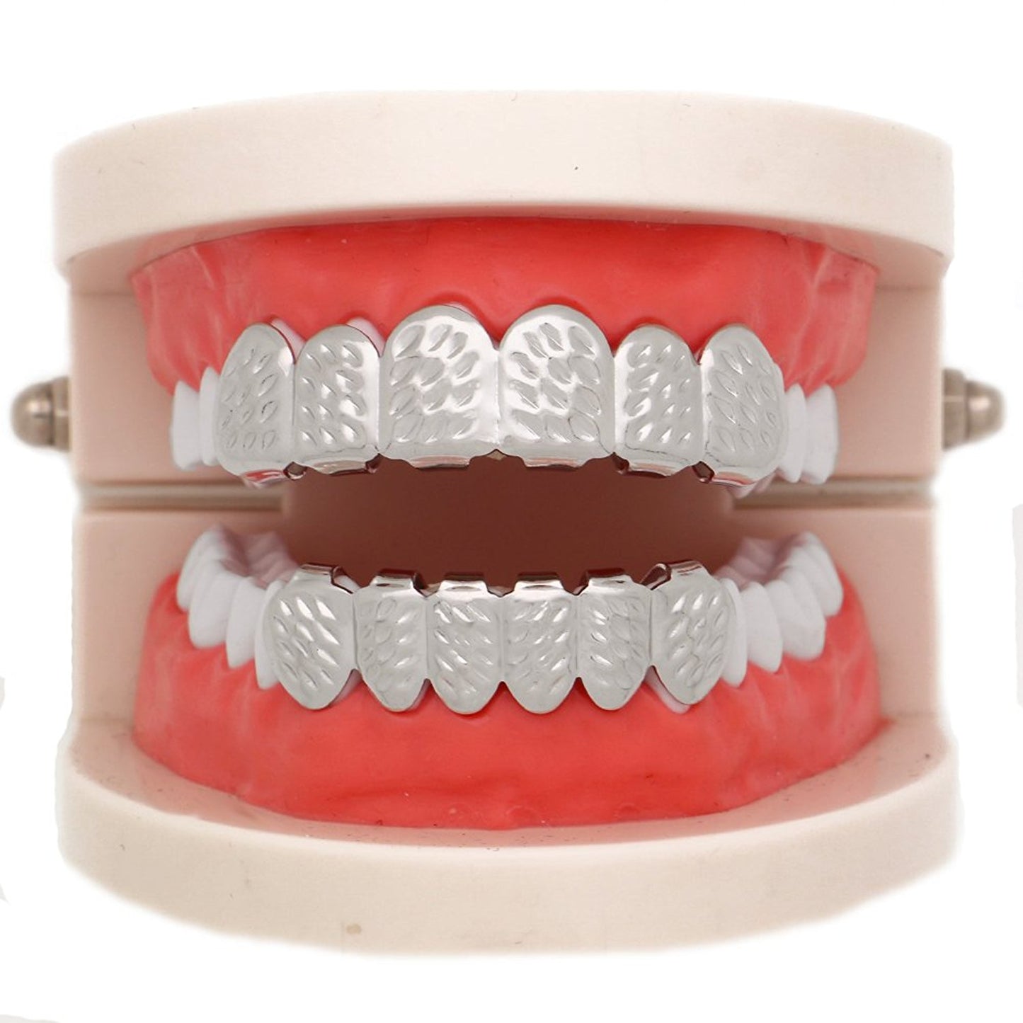 The Bling Factory 14k White Gold Plated Diamond-Cut Removable Top & Bottom Teeth Grillz Set