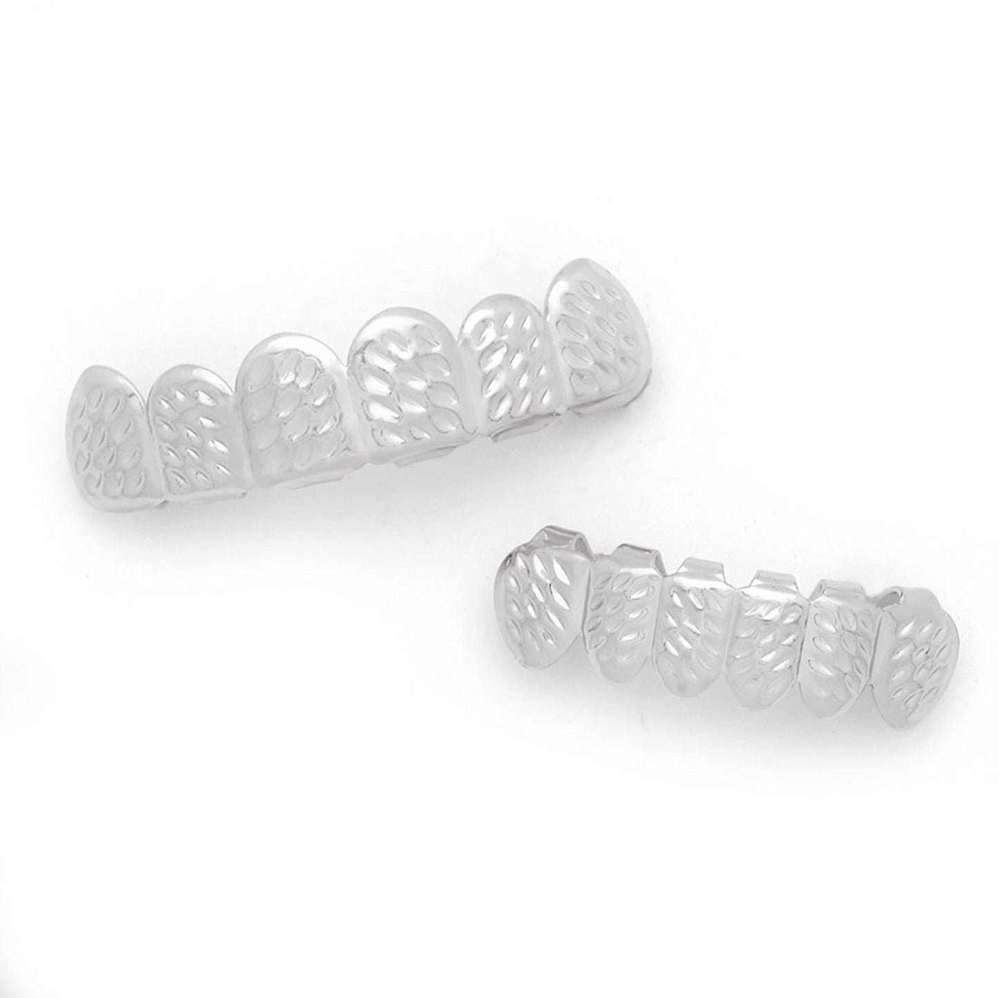 The Bling Factory 14k White Gold Plated Diamond-Cut Removable Top & Bottom Teeth Grillz Set