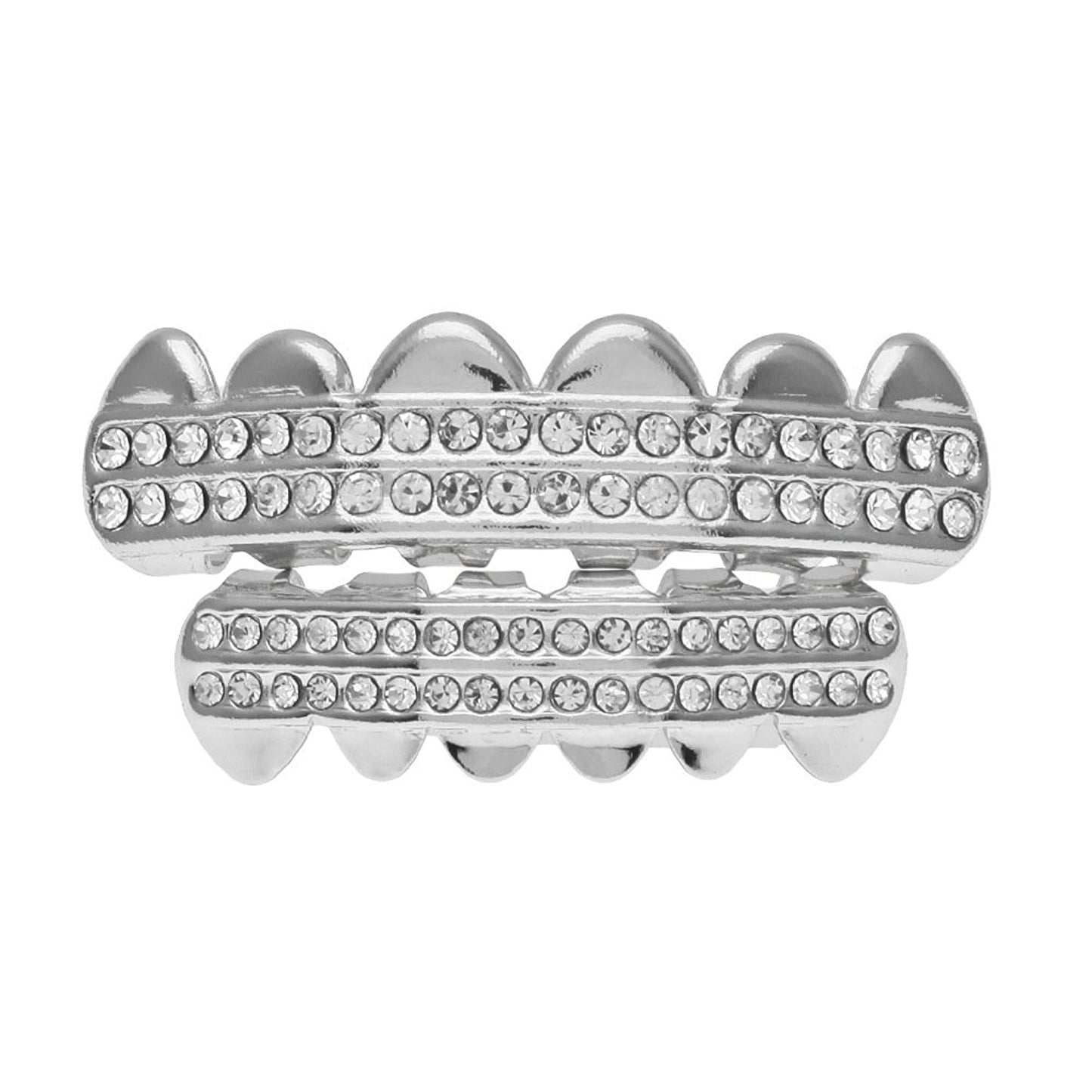 The Bling Factory 14k White Gold Plated CZ Iced Out Removable Top & Bottom Teeth Grillz Set + Polishing Cloth