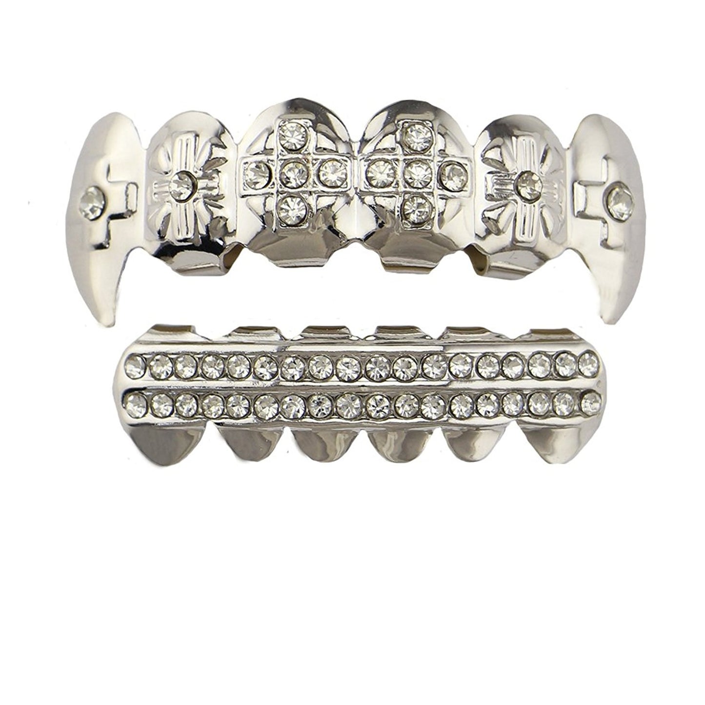 The Bling Factory 14k White Gold Plated Vampire Fang CZ Iced Out Removable Top & Bottom Teeth Grillz Set