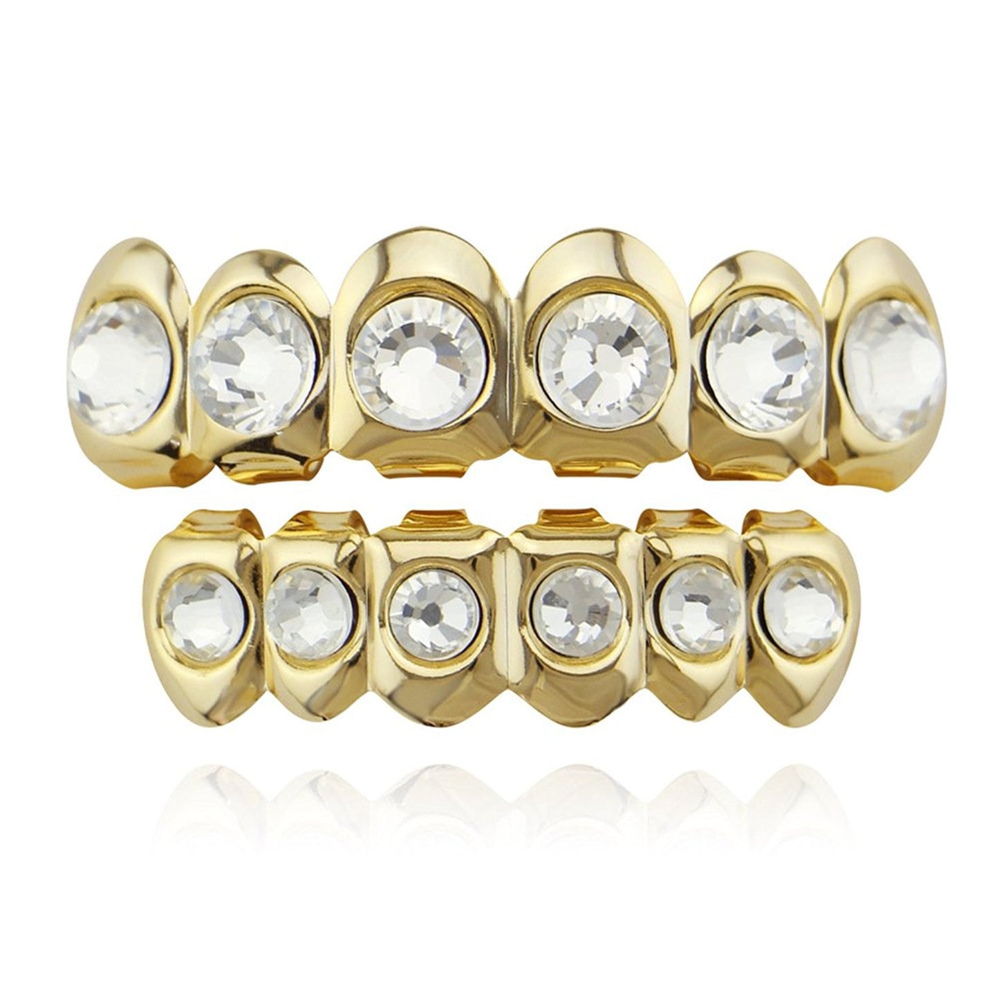 The Bling Factory 24k Gold Plated Round CZ Diamonds Removable Top & Bottom Teeth Grillz Set