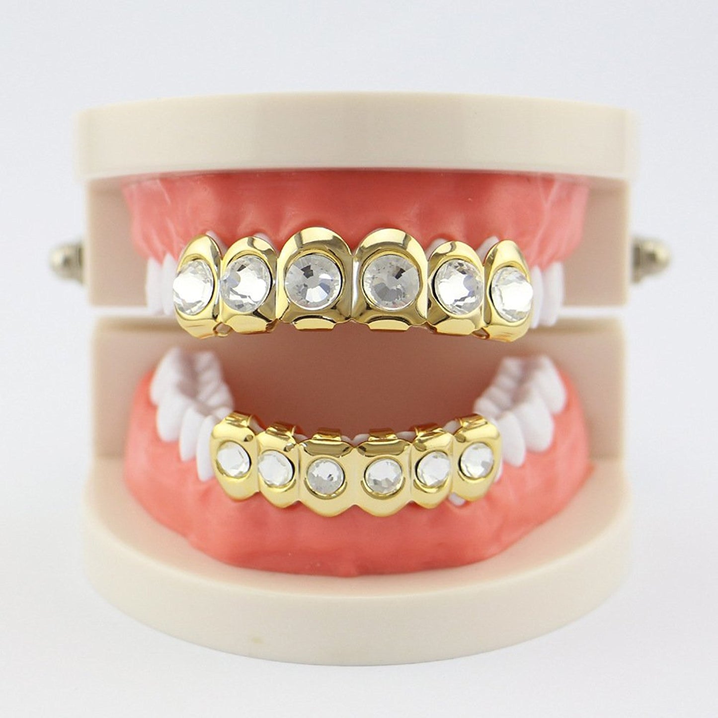 The Bling Factory 24k Gold Plated Round CZ Diamonds Removable Top & Bottom Teeth Grillz Set