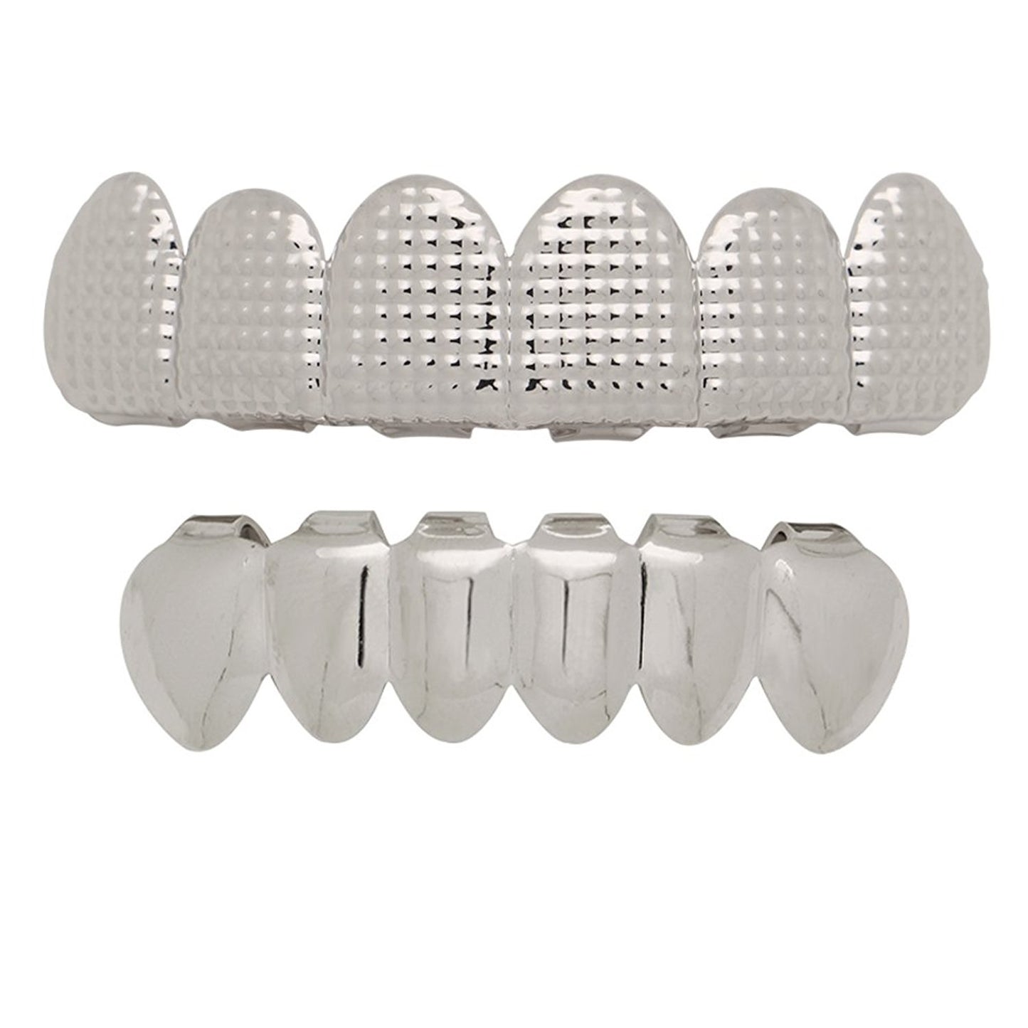 The Bling Factory 14k White Gold Plated Diamond-Cut Removable Top & Bottom Teeth Grillz Set