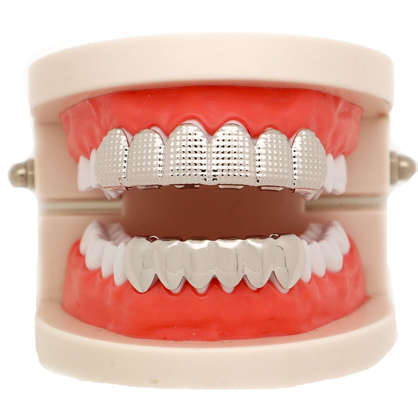 The Bling Factory 14k White Gold Plated Diamond-Cut Removable Top & Bottom Teeth Grillz Set