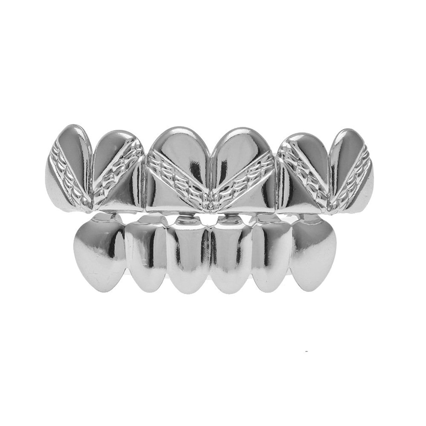 The Bling Factory 14k White Gold Plated Diamond-Cut Removable Top & Bottom Teeth Grillz Set