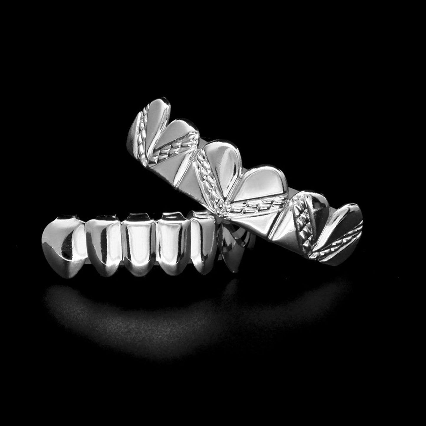 The Bling Factory 14k White Gold Plated Diamond-Cut Removable Top & Bottom Teeth Grillz Set