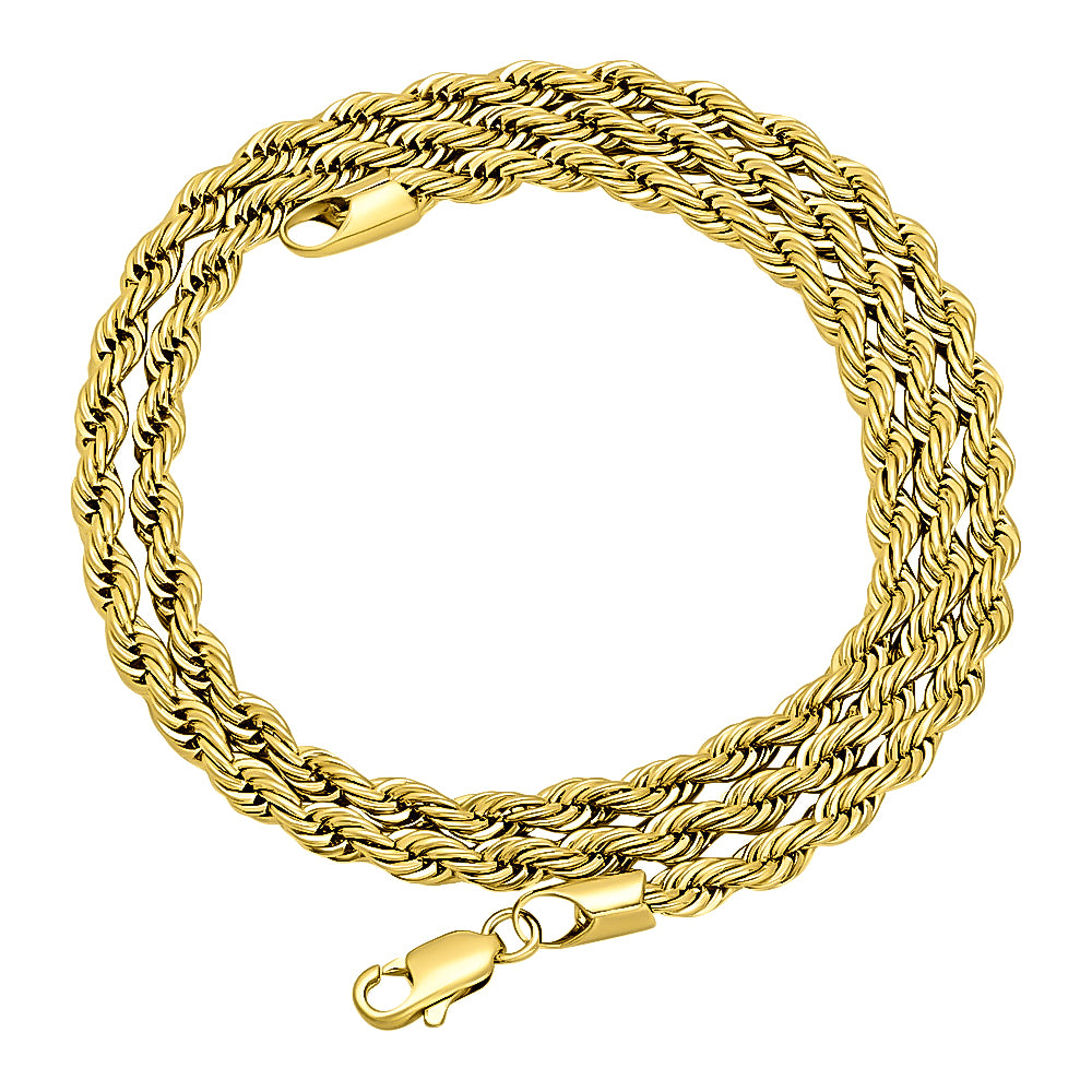 4mm Polished 14k Yellow Gold Plated Twisted Rope Chain Necklace