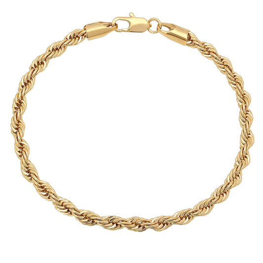 4mm 24k Yellow Gold Plated Twisted Rope Chain Bracelet