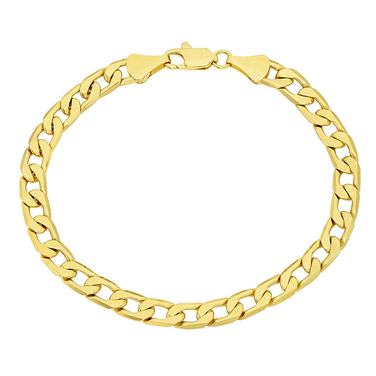 6mm-11mm Polished 14k Yellow Gold Plated Flat Curb Chain Bracelet