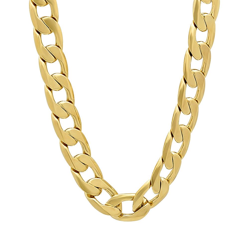 9.5mm 14k Yellow Gold Plated Beveled Curb Chain Necklace