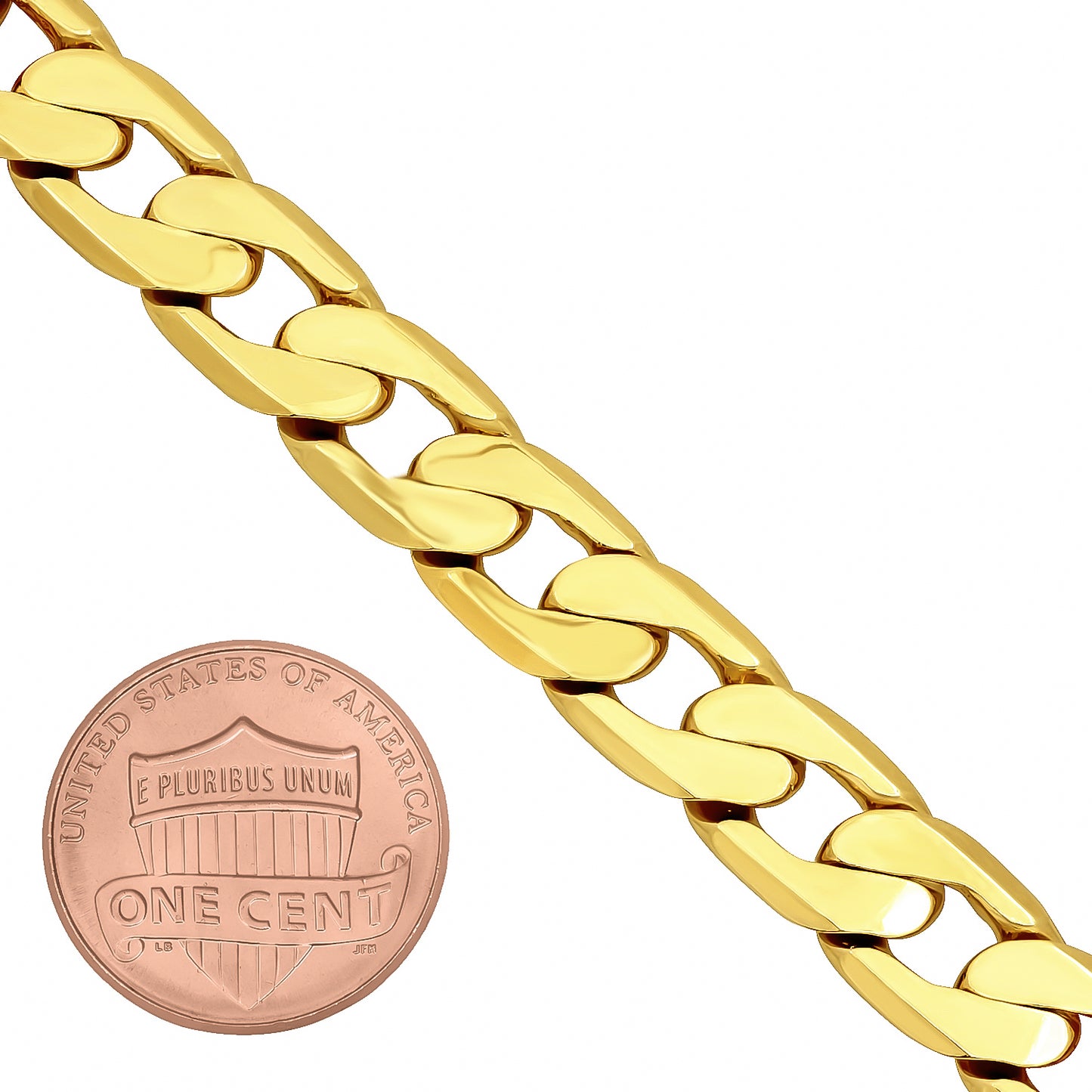 6mm-11mm Polished 0.25 mils (6 microns) 14k Yellow Gold Plated Flat Curb Chain Bracelet, 7'-9' (SKU: GL-CURB-BRACELETS)