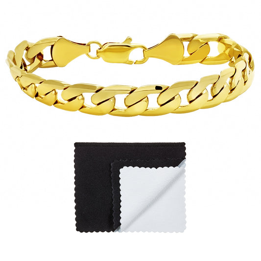 9.5mm 14k Yellow Gold Plated Flat Beveled Curb Curb Chain Link Bracelet (SKU: GFC113B)