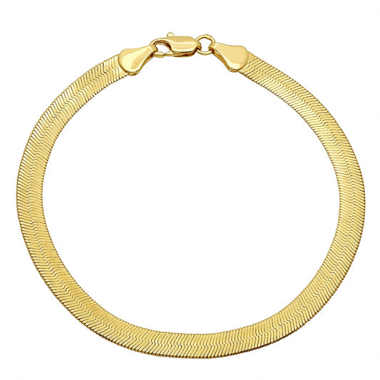 4mm-10mm Polished 14k Yellow Gold Plated Flat Herringbone Chain Bracelet