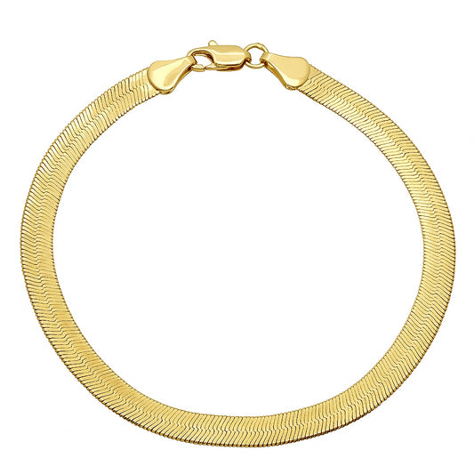 4mm-10mm Polished 0.25 mils (6 microns) 14k Yellow Gold Plated Herringbone Chain Bracelet, 7'-9' + Jewelry Cloth & Pouch (SKU: GL-HERRINGBONE-BRACELETS)