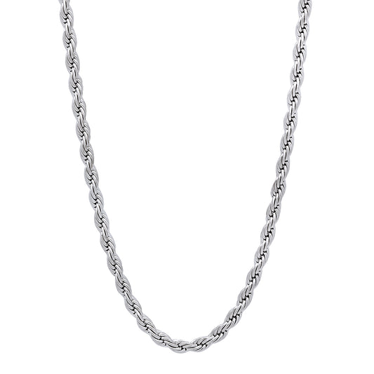 2.4mm Rhodium Plated Twisted Rope Chain Necklace