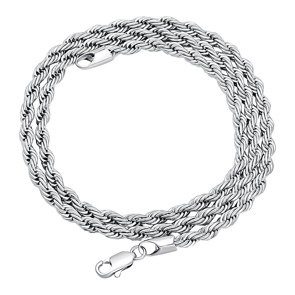 4mm Rhodium Plated Twisted Rope Chain Necklace