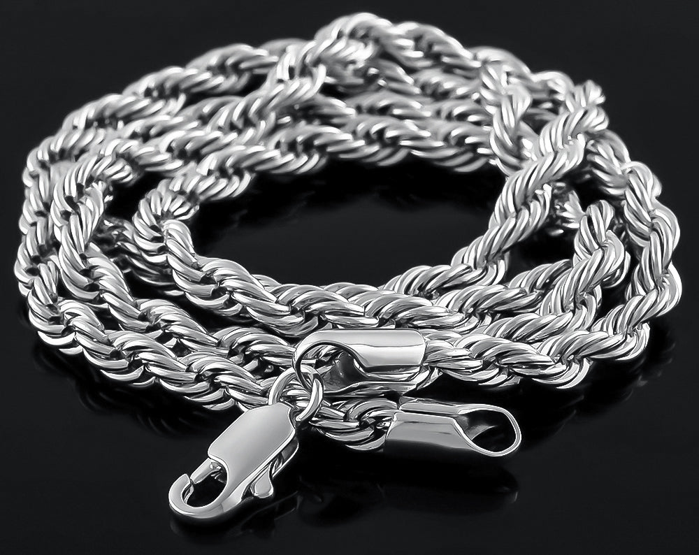 4mm Rhodium Plated Twisted Rope Chain Necklace