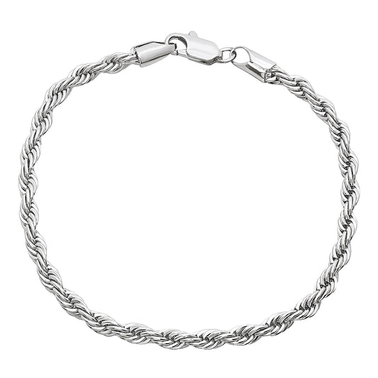 4mm Rhodium Plated Twisted Rope Chain Bracelet