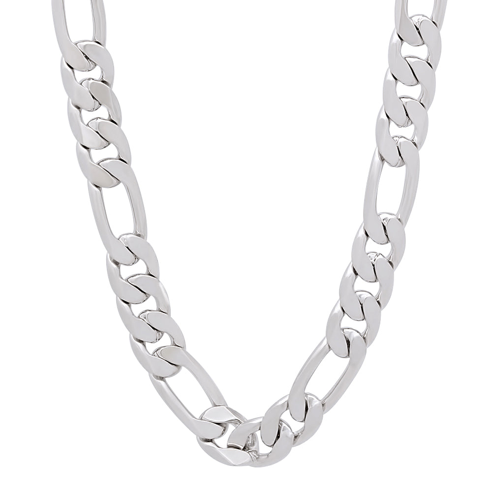 7.8mm Polished Rhodium Plated Flat Figaro Chain Necklace