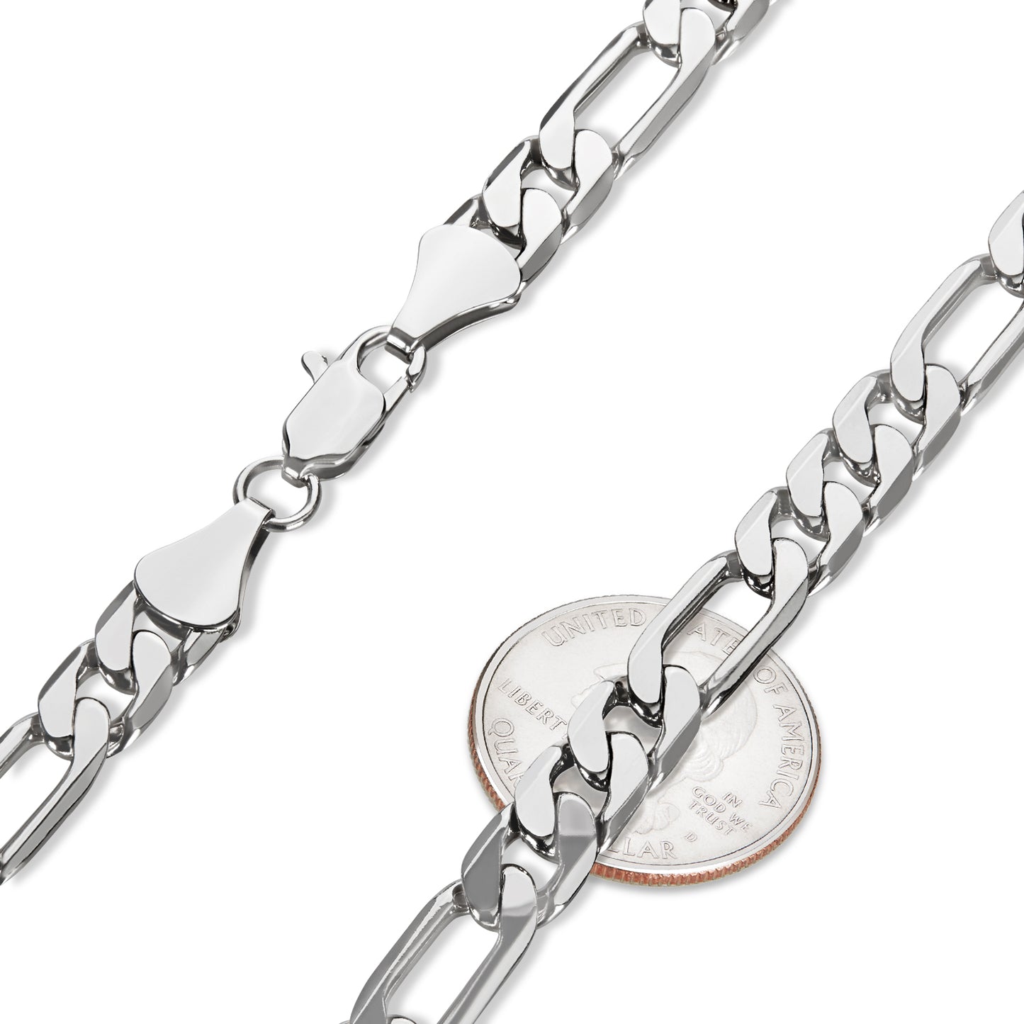 7.8mm Polished Rhodium Plated Flat Figaro Chain Necklace