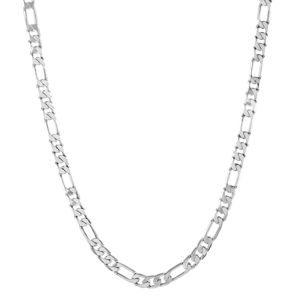 7.8mm Polished Rhodium Plated Flat Figaro Chain Necklace