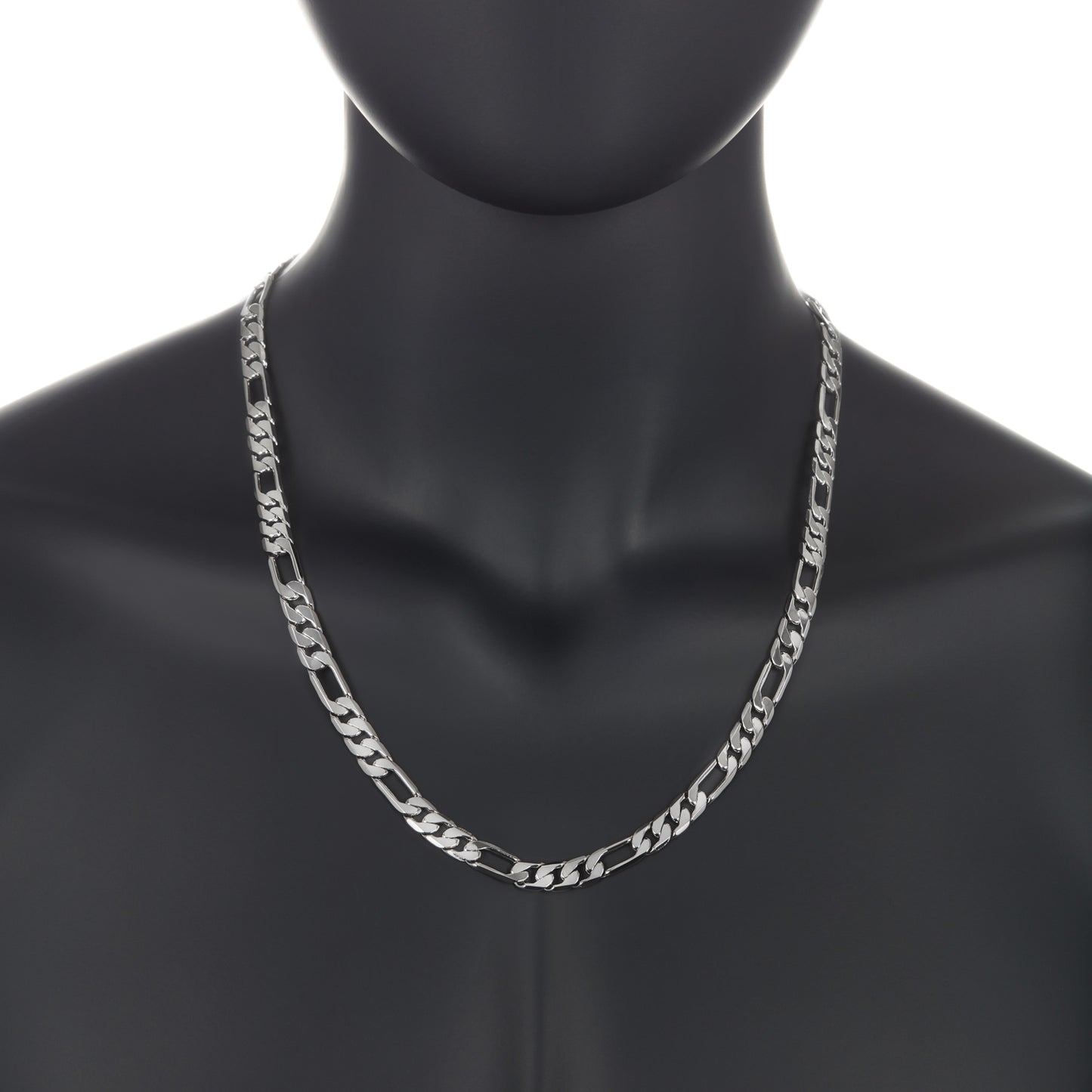 7.8mm Polished Rhodium Plated Flat Figaro Chain Necklace