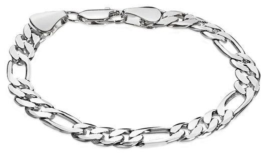 7.5mm Rhodium Plated Flat Figaro Chain Bracelet