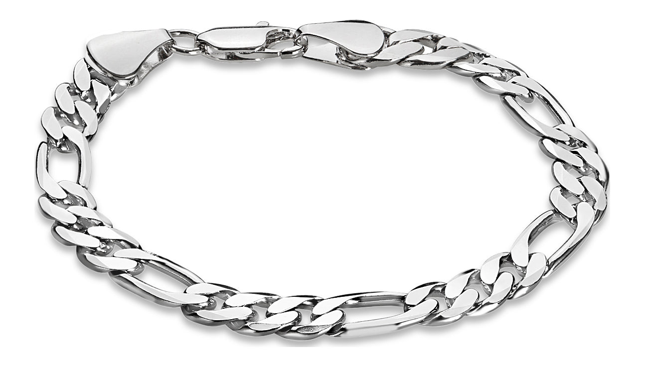 7.8mm Polished Rhodium Plated Flat Figaro Chain Necklace