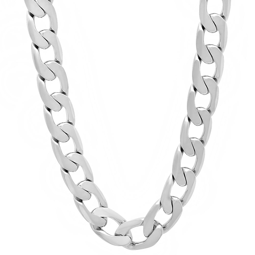 9.5mm Rhodium Plated Flat Cuban Link Curb Chain Necklace