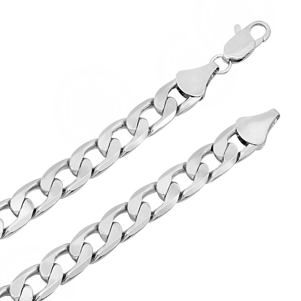 9.5mm Rhodium Plated Flat Cuban Link Curb Chain Necklace