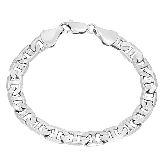 9mm Rhodium Plated Flat Mariner Chain Bracelet