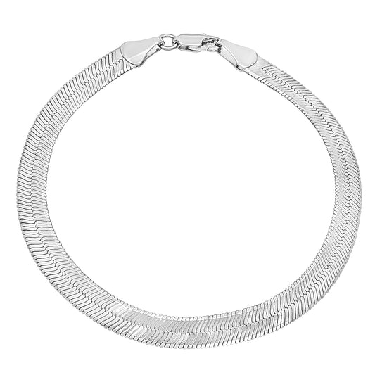 6.8mm Rhodium Plated Flat Herringbone Chain Bracelet