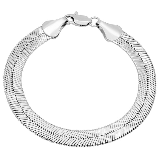 9mm Rhodium Plated Flat Herringbone Chain Bracelet