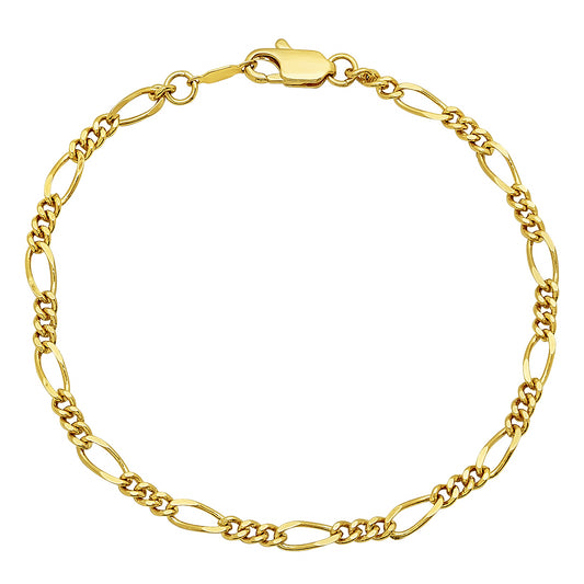 3mm 24k Yellow Gold Plated Flat Figaro Chain Bracelet + Gift Box