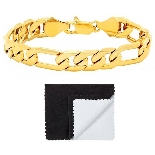 Men's 9.3mm 14k Yellow Gold Plated Flat Figaro Chain Bracelet + Gift Box