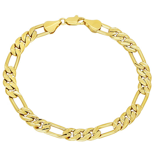 7mm Diamond-Cut 14k Yellow Gold Plated Flat Figaro Chain Bracelet