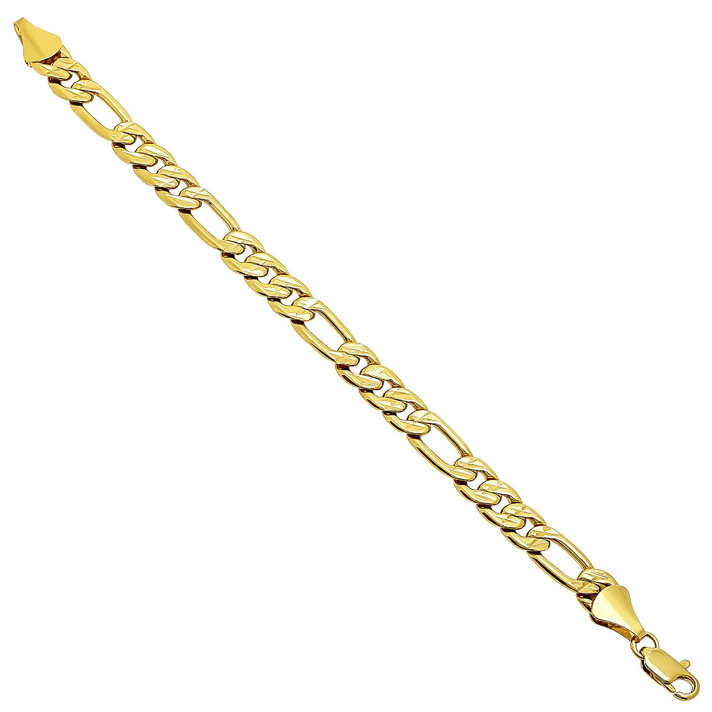 9mm Diamond-Cut 0.25 mils (6 microns) 14k Yellow Gold Plated Flat Figaro Chain Necklace, 7'-36' + Jewelry Cloth & Pouch (SKU: GL-010J)