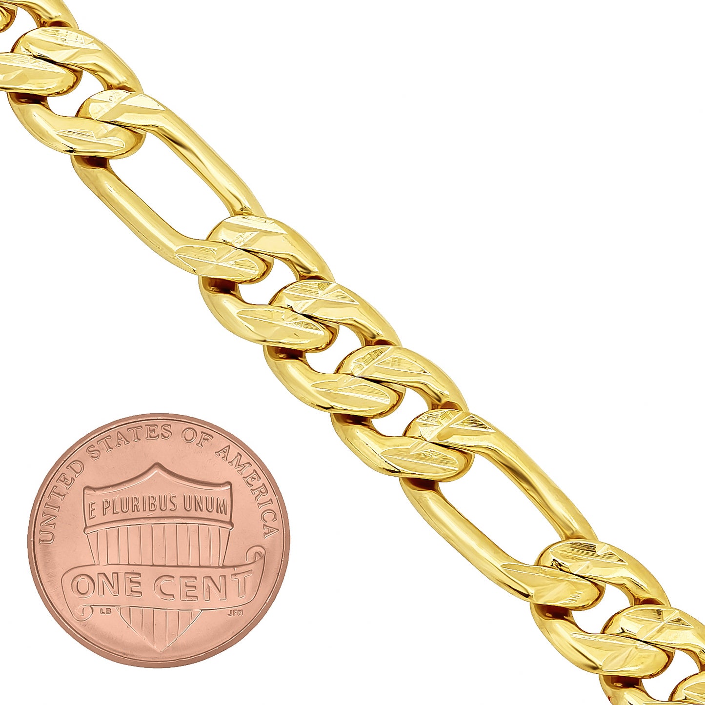 5mm-9mm Textured 14k Yellow Gold Plated Flat Figaro Chain Link Bracelet