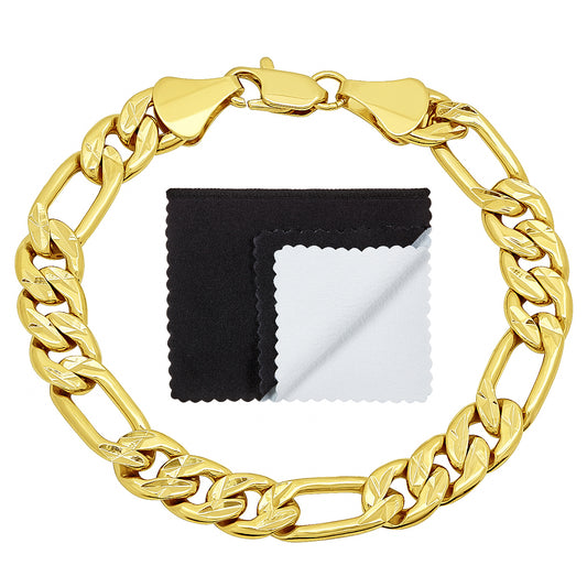 9mm Diamond-Cut 14k Yellow Gold Plated Flat Figaro Chain Bracelet