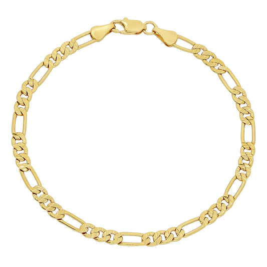 4mm Diamond-Cut 14k Yellow Gold Plated Flat Figaro Chain Bracelet (SKU: GL-015BB)