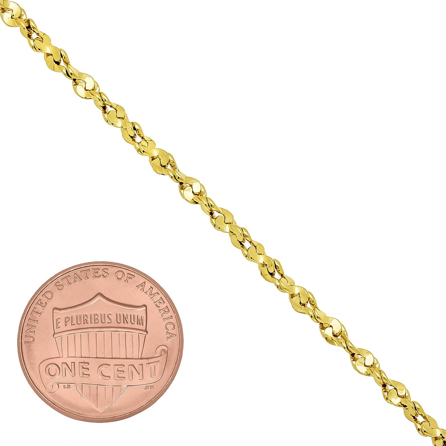 Women's 2mm-3mm Polished 14k Yellow Gold Plated Twisted Singapore Chain Anklet (SKU: GL-TWIST-NUGGET-AK)